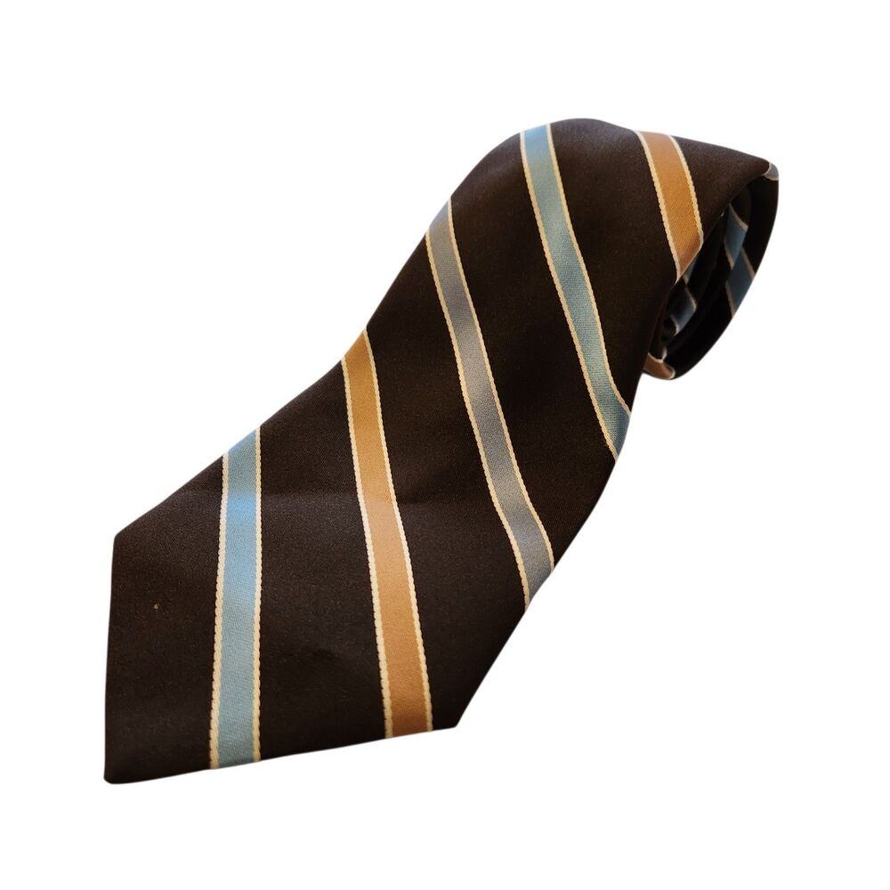 Vintage 1970's Beau Brummell Polyester Necktie Brown Tan Blue Striped 4" Wide